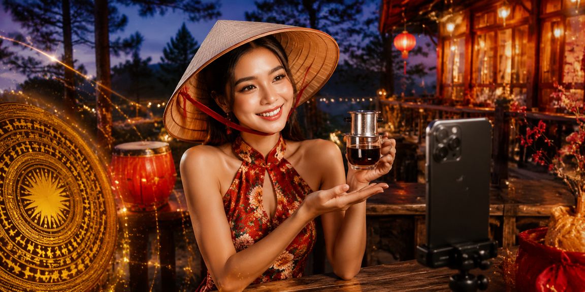 Người phụ nữ Đà Lạt đội nón lá trải nghiệm casino trên di động trong không gian yên tĩnh